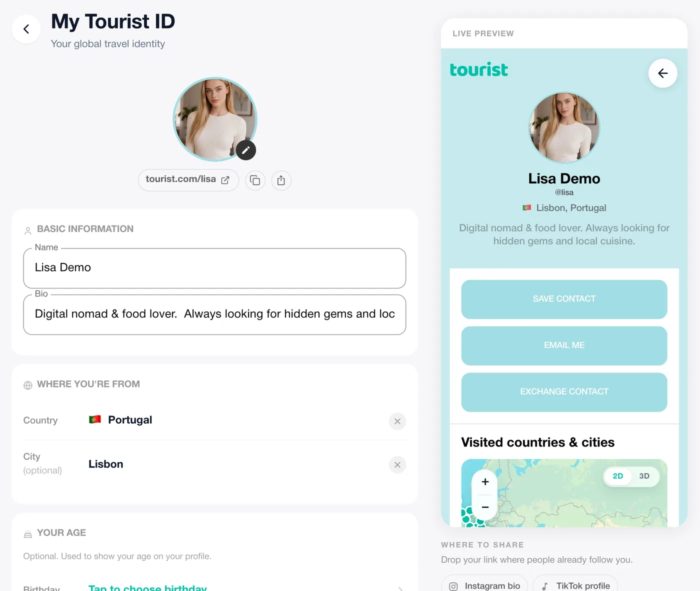 El editor de Tourist ID en tourist.com con vista previa en directo de la página pública