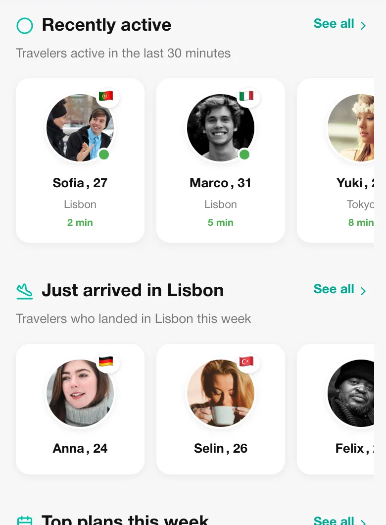 Pantalla Descubrir: viajeros activos hace poco y recién llegados a Lisboa